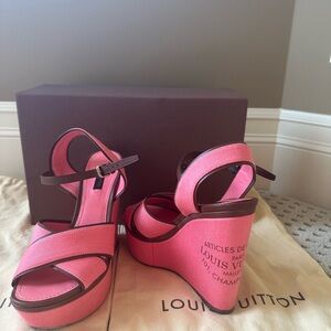 Louis Vuitton Fuchsia and Brown Wedge Sandals